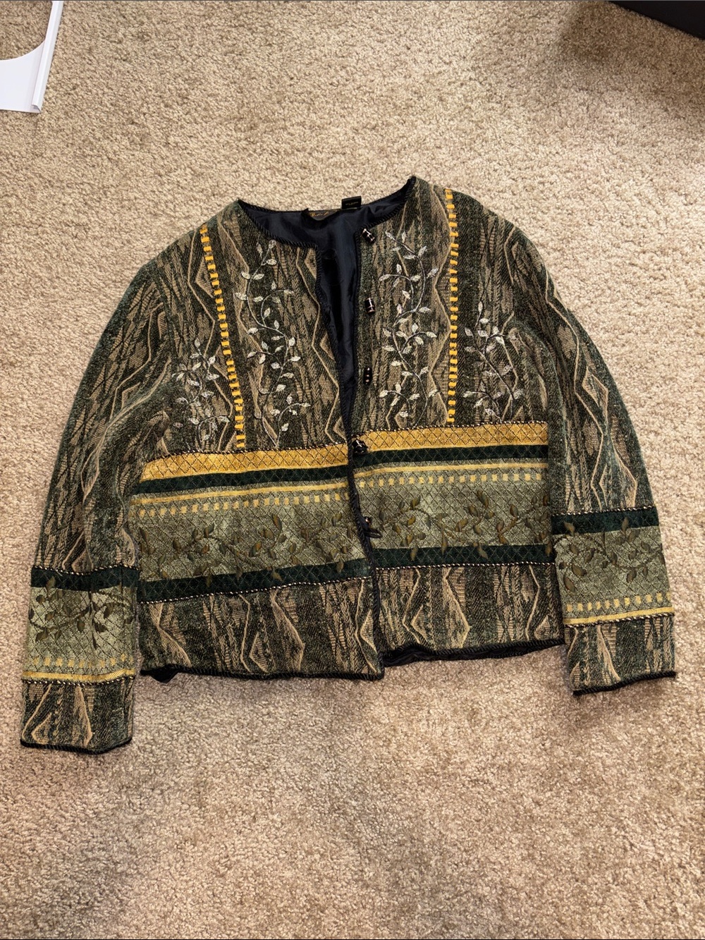 Olive & Gold Patterned Cropped Jacket 80s